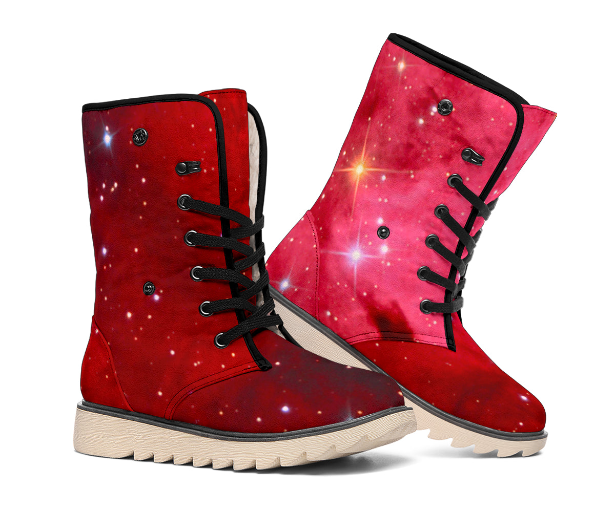 Red Galaxy Space Cloud Print Winter Boots