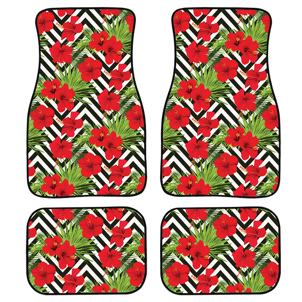 Red Hibiscus Chevron Pattern Print Front and Back Car Floor Mats