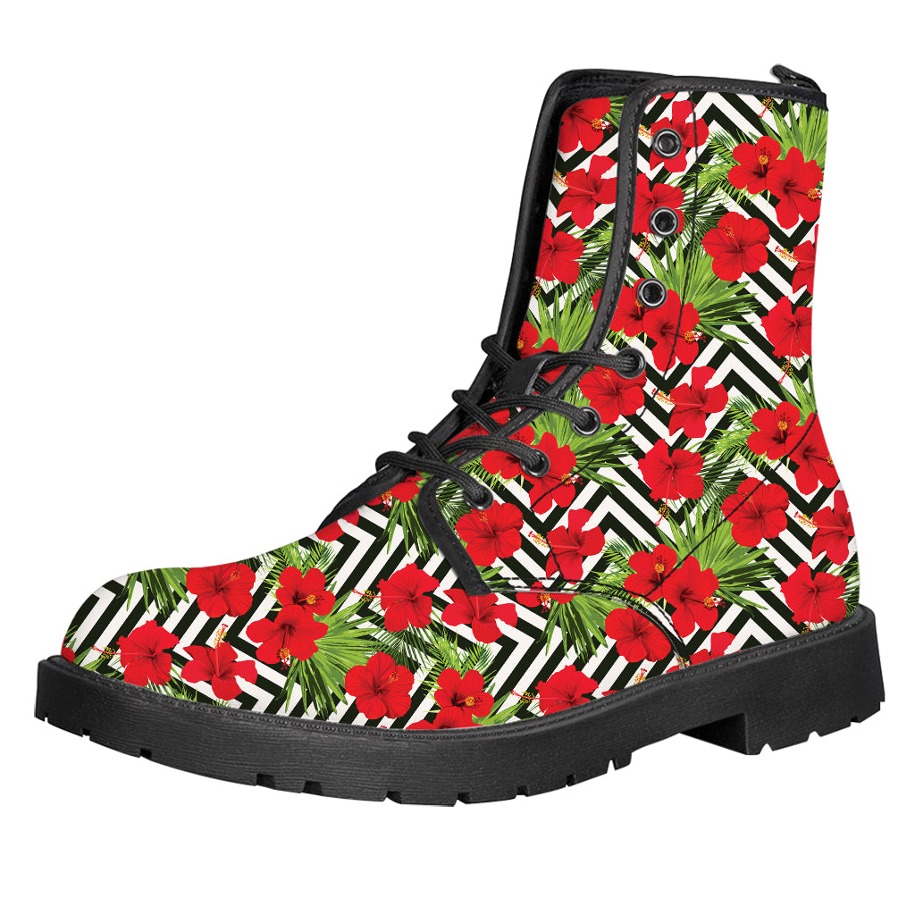 Red Hibiscus Chevron Pattern Print Leather Boots