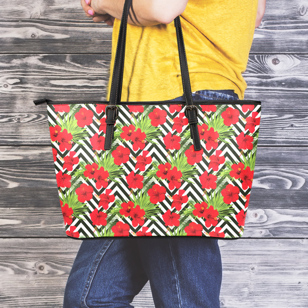 Red Hibiscus Chevron Pattern Print Leather Tote Bag