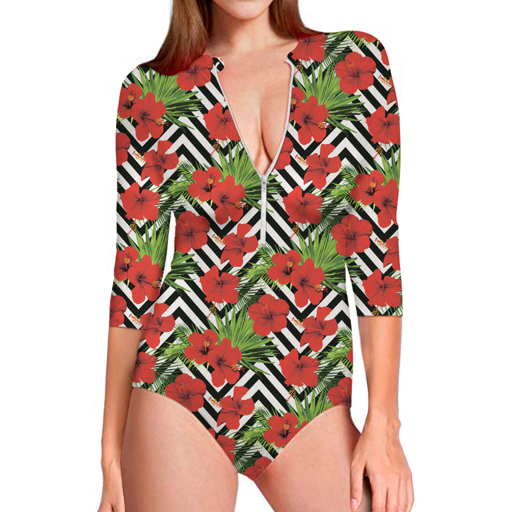 Red Hibiscus Chevron Pattern Print Long Sleeve One Piece Swimsuit