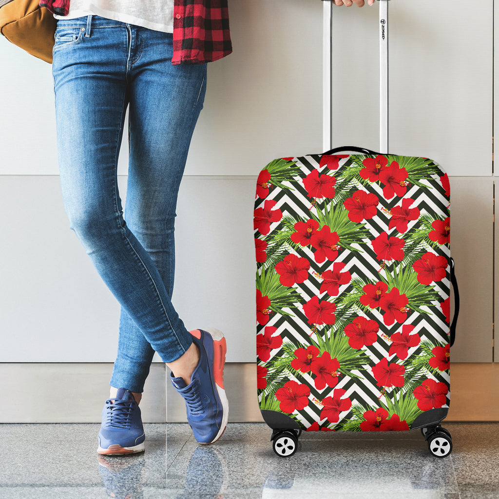Red Hibiscus Chevron Pattern Print Luggage Cover