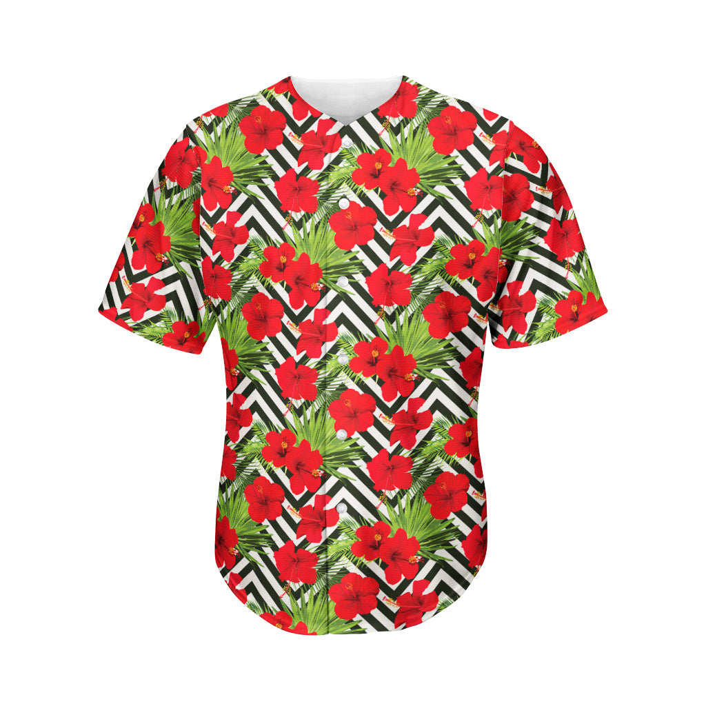 Red Hibiscus Chevron Pattern Print Men's Baseball Jersey