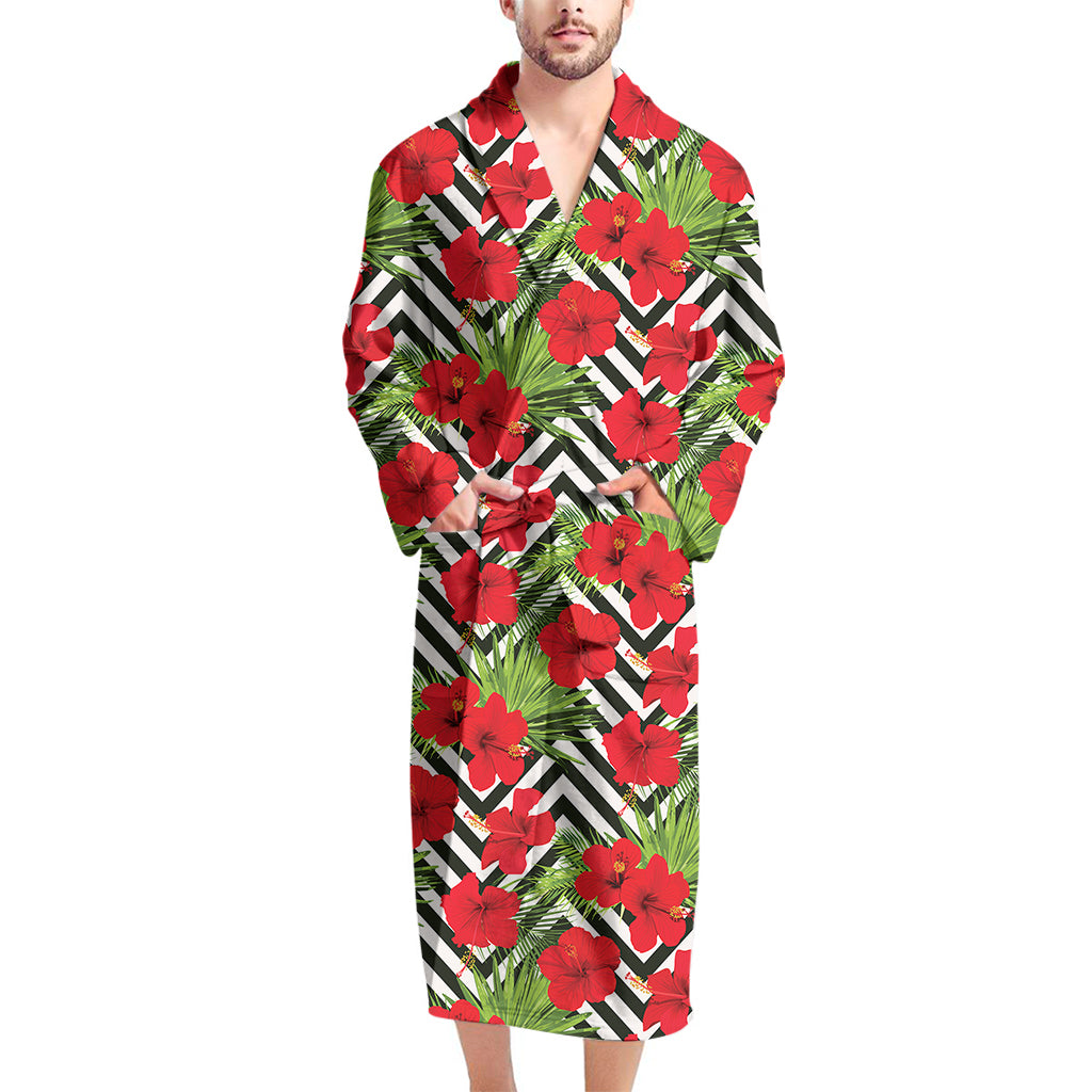Red Hibiscus Chevron Pattern Print Men's Bathrobe