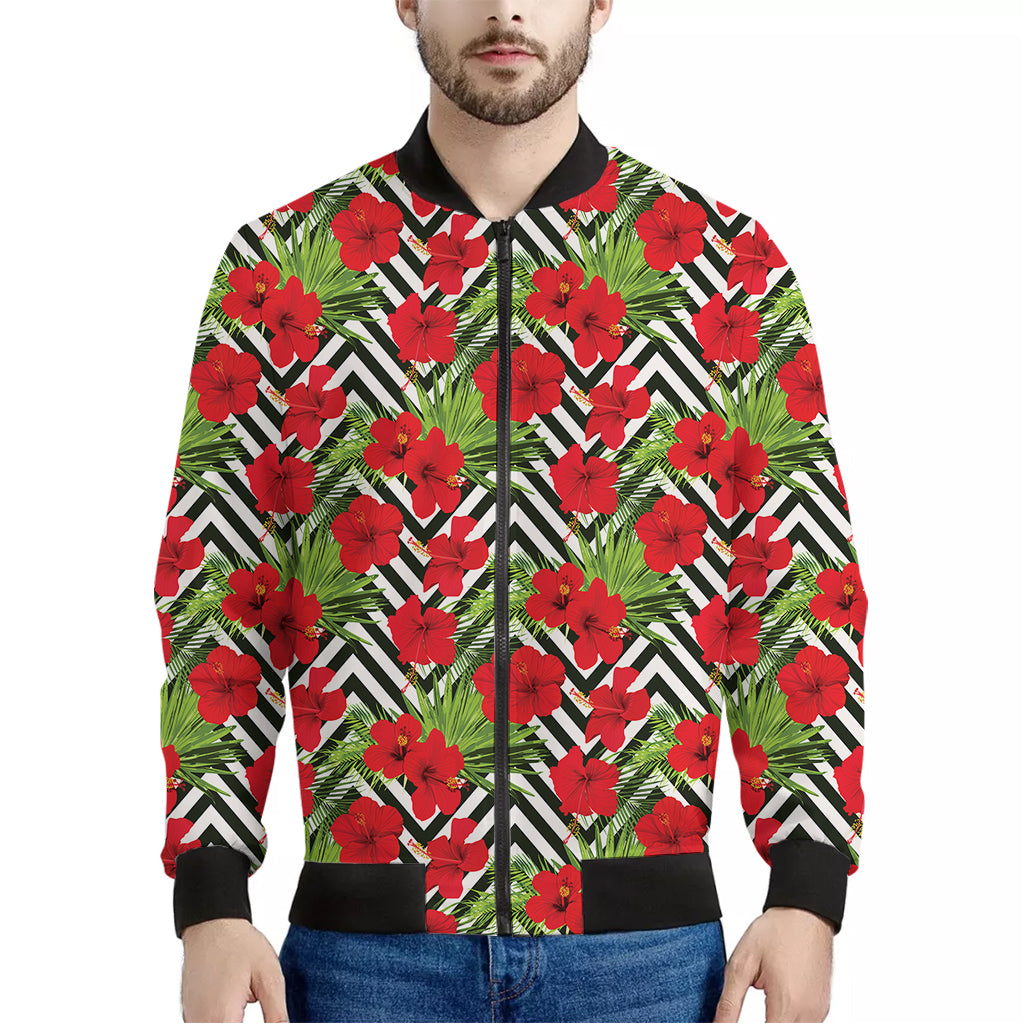 Red Hibiscus Chevron Pattern Print Men's Bomber Jacket