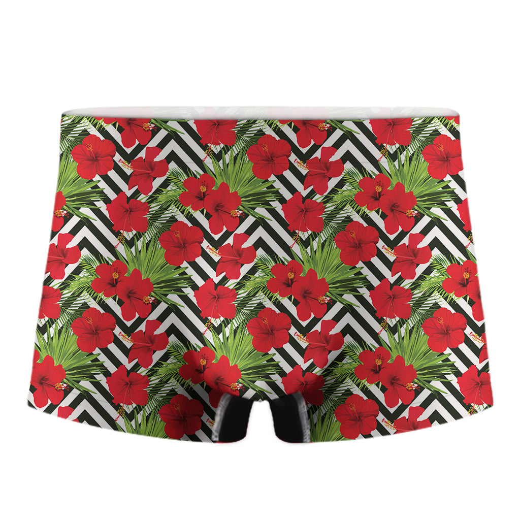 Red Hibiscus Chevron Pattern Print Men's Boxer Briefs