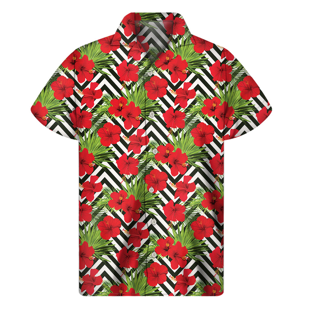 Red Hibiscus Chevron Pattern Print Men's Short Sleeve Shirt
