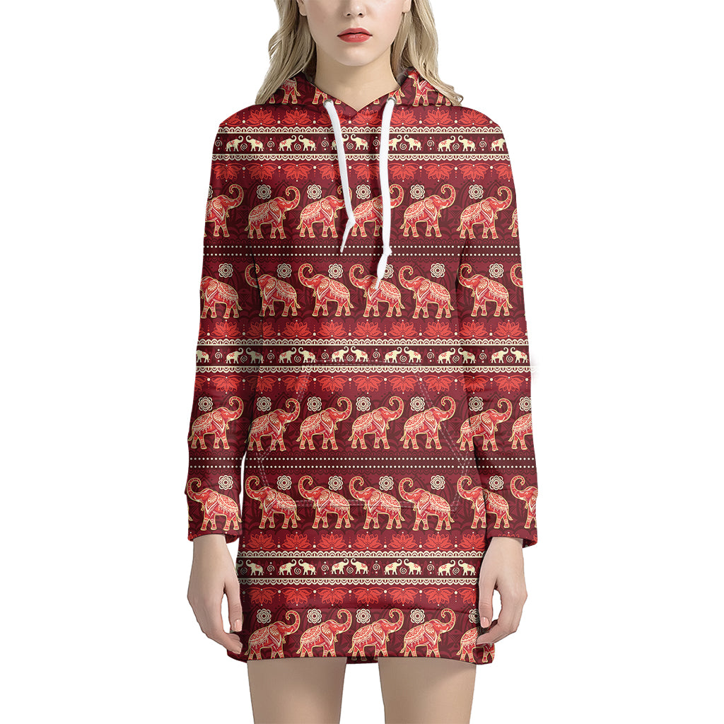 Red Indian Elephant Pattern Print Women's Pullover Hoodie Dress