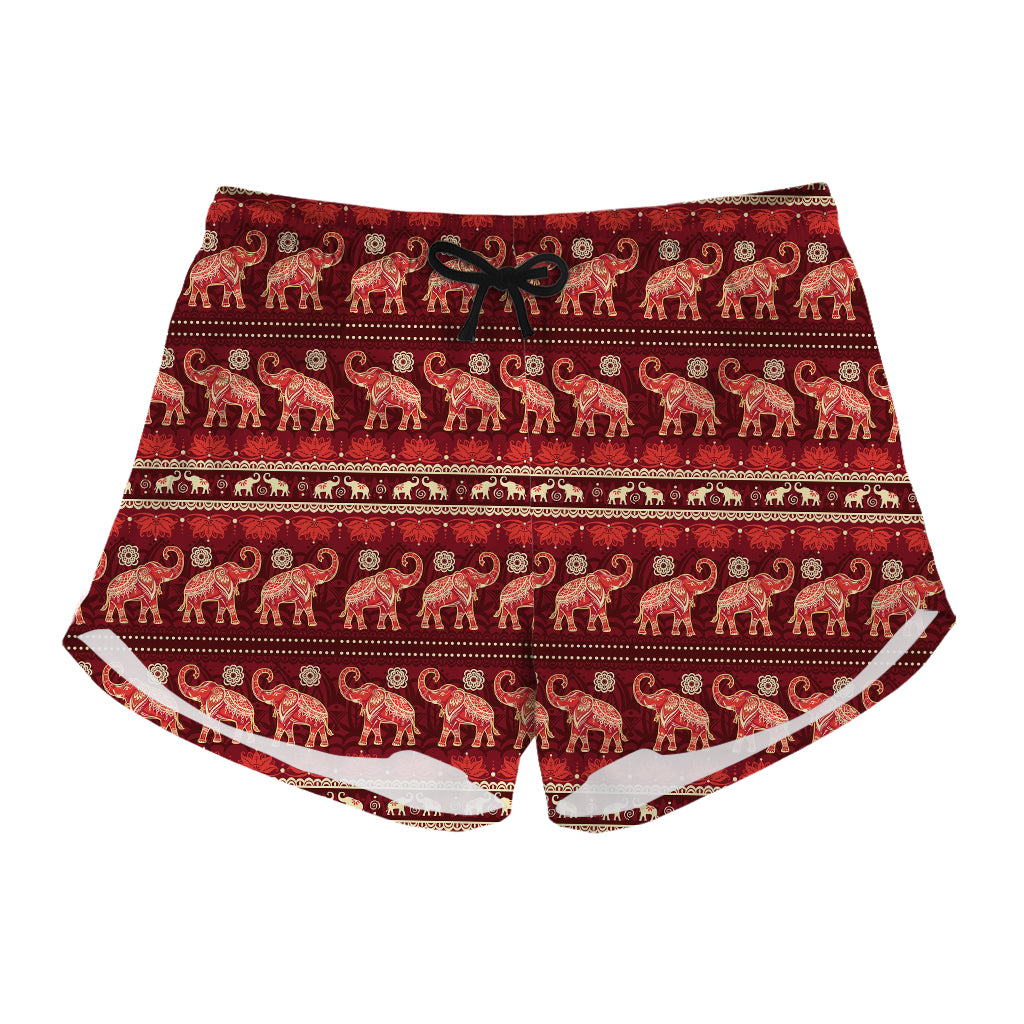 Red Indian Elephant Pattern Print Women's Shorts