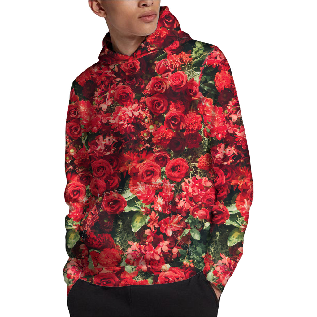Red Rose Flower Print Pullover Hoodie