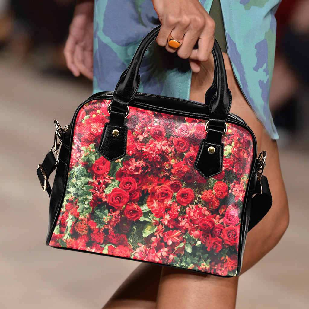 Red Rose Flower Print Shoulder Handbag