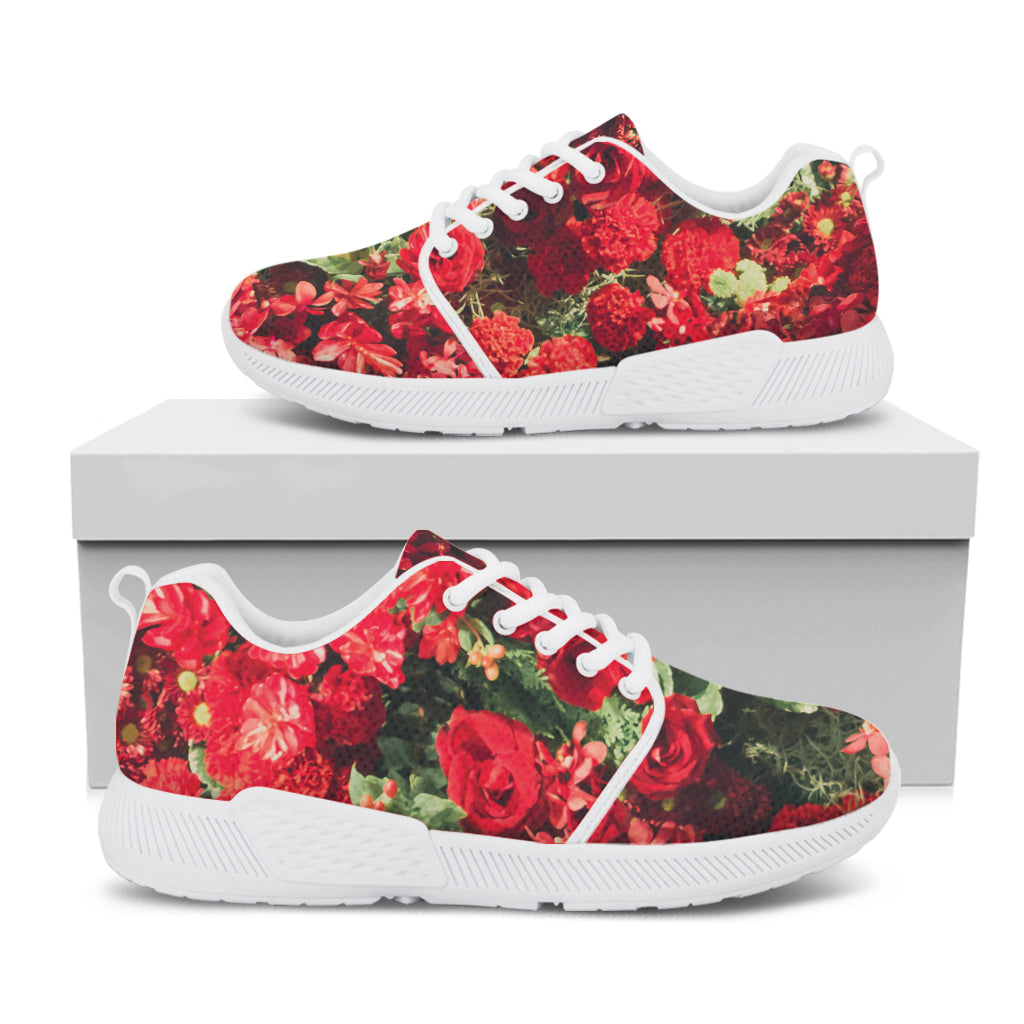 Red Rose Flower Print White Athletic Shoes