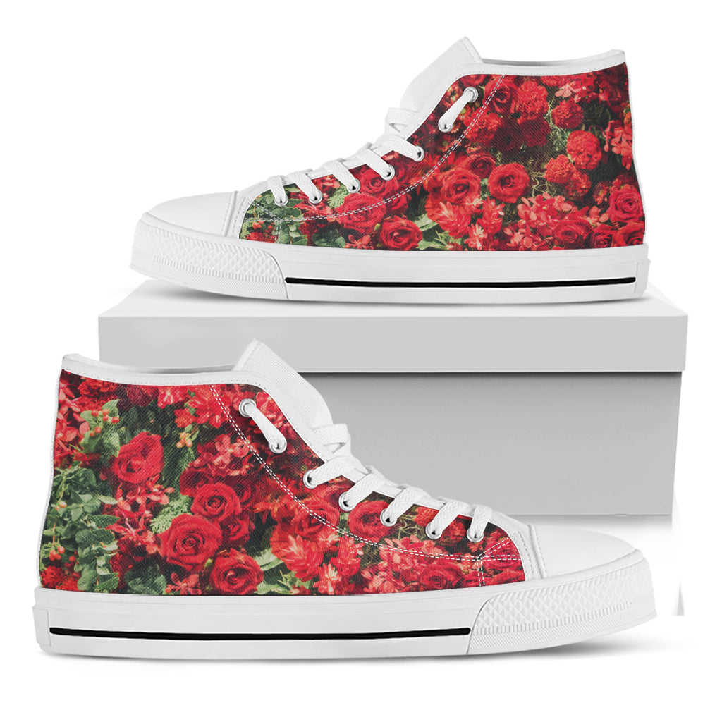 Red Rose Flower Print White High Top Shoes