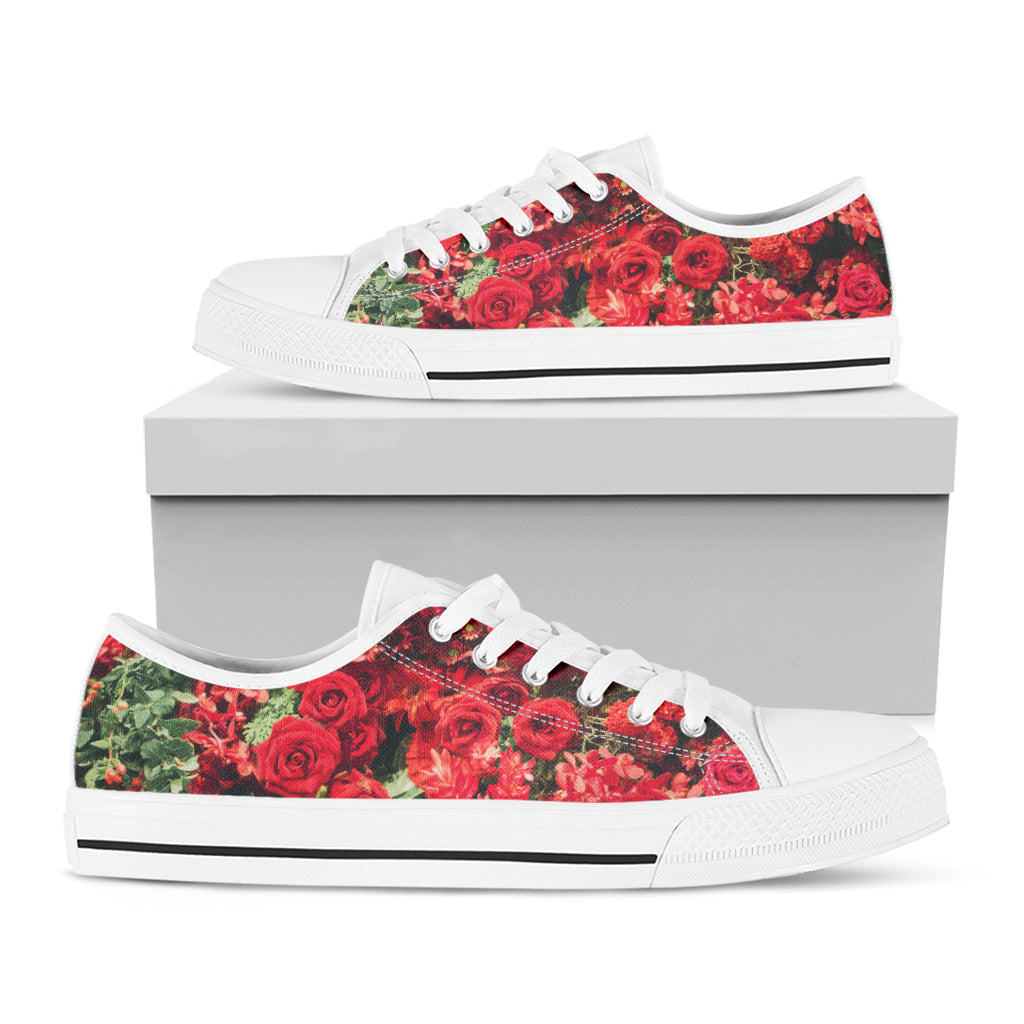 Red Rose Flower Print White Low Top Shoes
