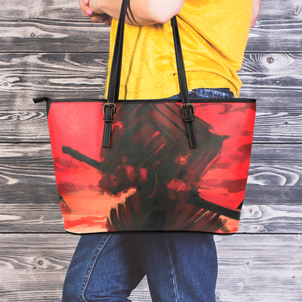 Red Sunset Samurai Print Leather Tote Bag