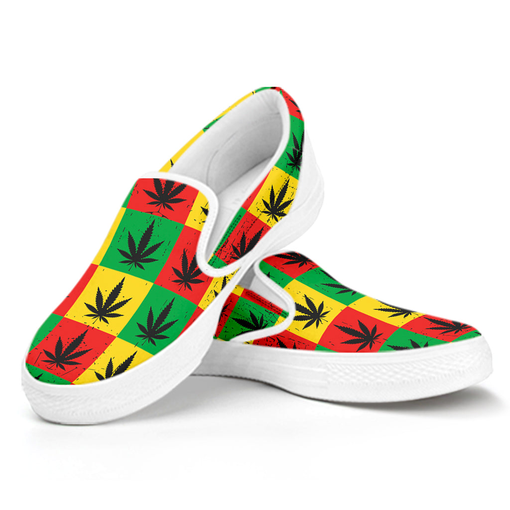 Reggae Marijuana Leaf Pattern Print White Slip On Shoes