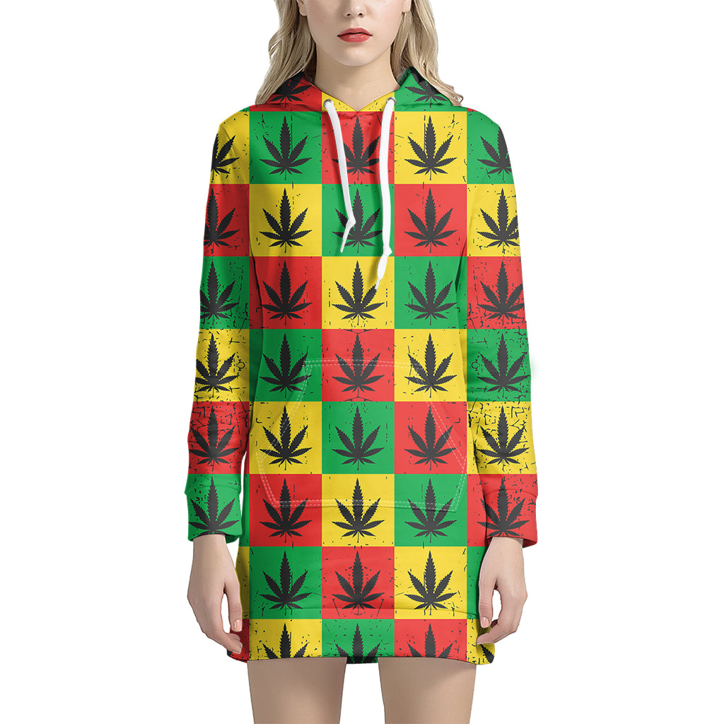 Reggae Marijuana Leaf Pattern Print Women's Pullover Hoodie Dress