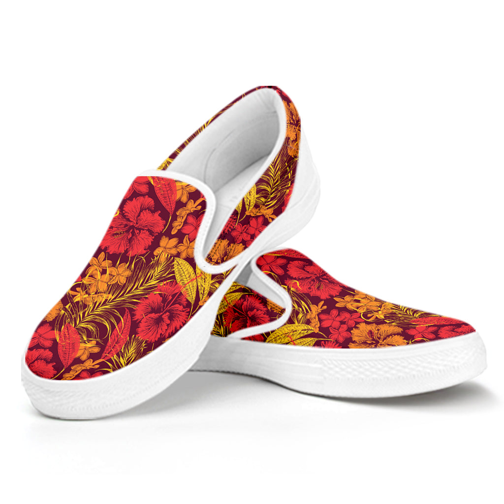 Retro Hawaiian Tropical Floral Print White Slip On Shoes