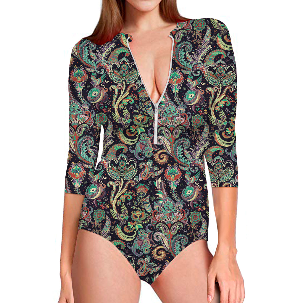 Retro Indian Paisley Pattern Print Long Sleeve One Piece Swimsuit