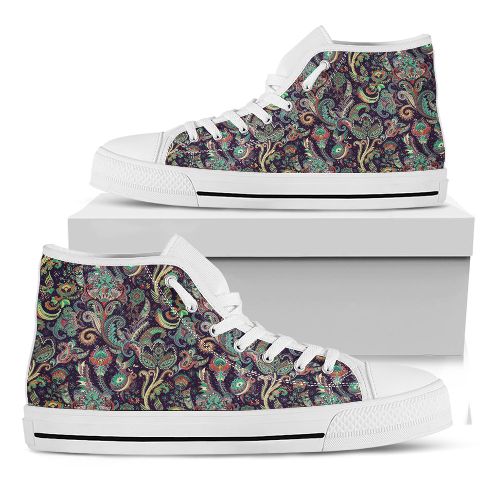 Retro Indian Paisley Pattern Print White High Top Shoes