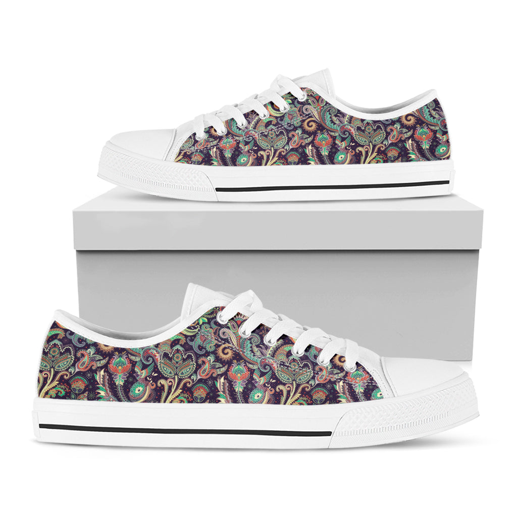 Retro Indian Paisley Pattern Print White Low Top Shoes