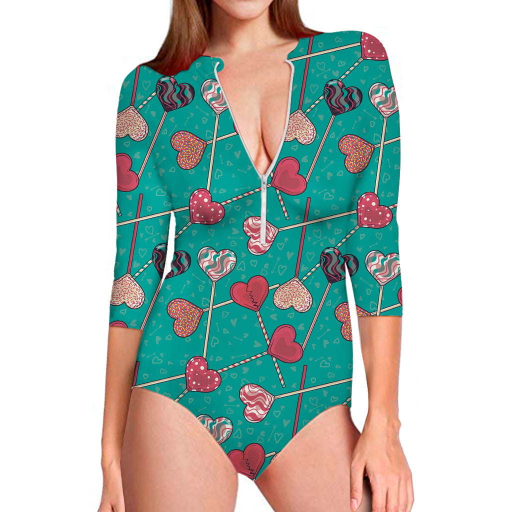 Retro Lollipop Pattern Print Long Sleeve One Piece Swimsuit