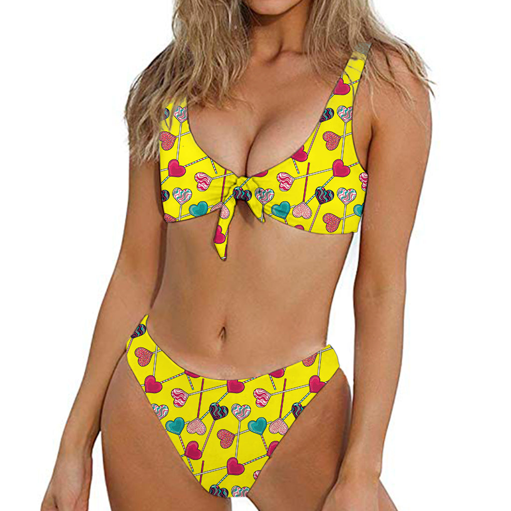 Retro Lollipop Print Front Bow Tie Bikini