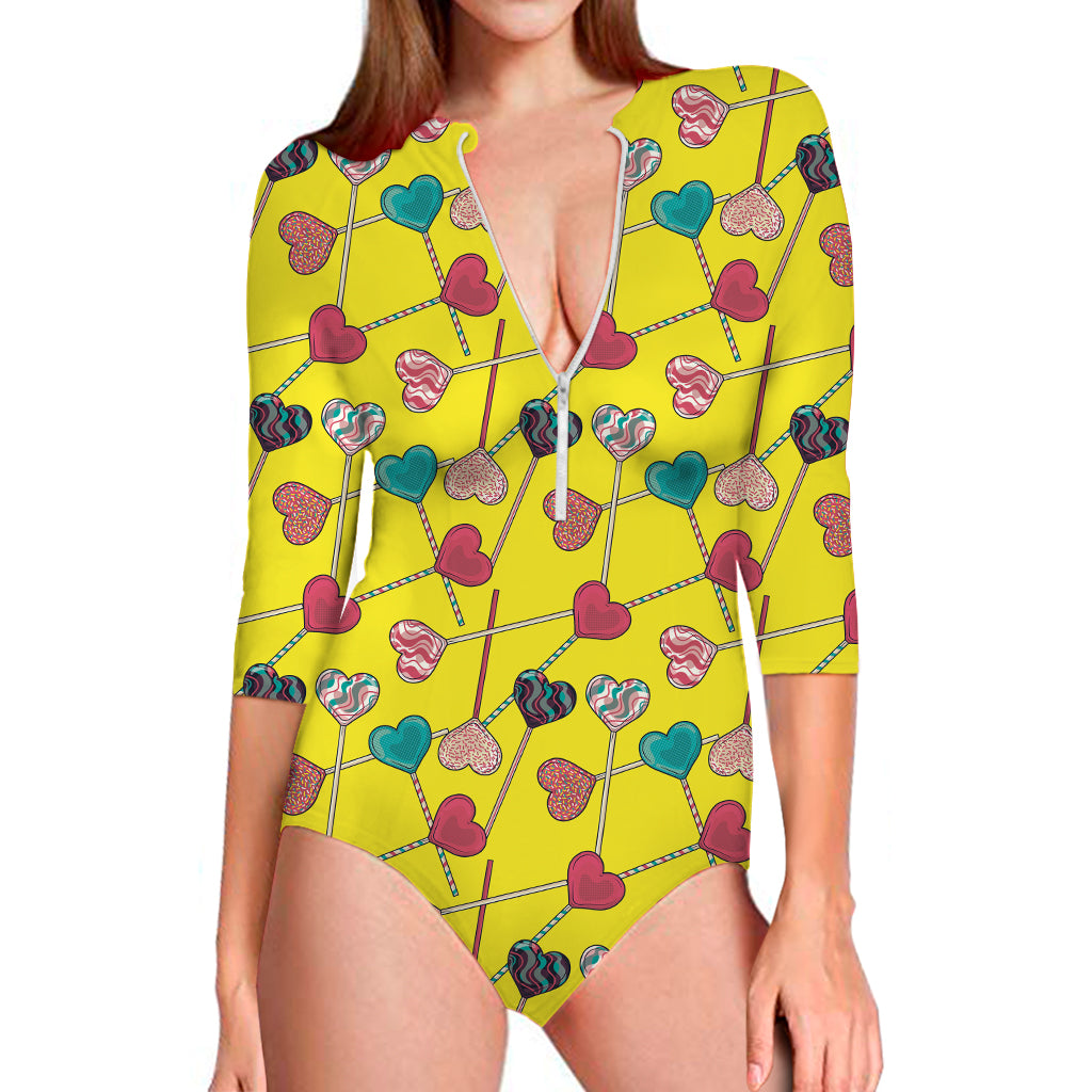 Retro Lollipop Print Long Sleeve One Piece Swimsuit