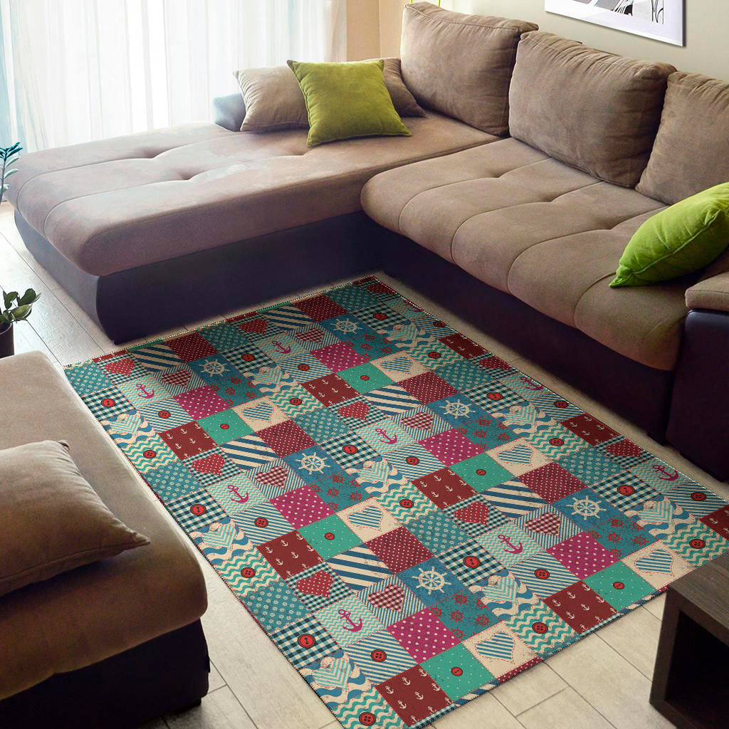 Retro Nautical Patchwork Pattern Print Area Rug