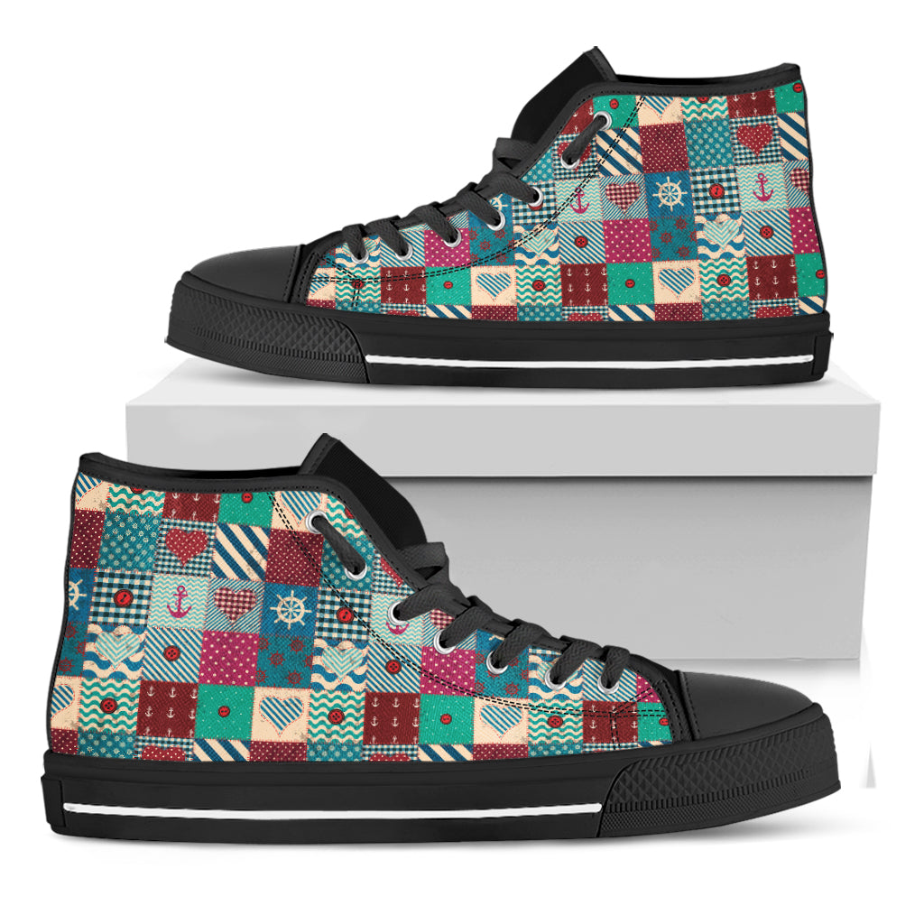 Retro Nautical Patchwork Pattern Print Black High Top Shoes