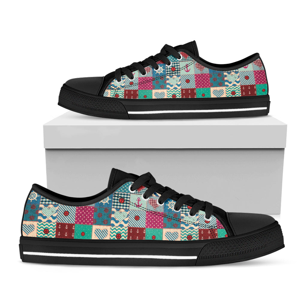 Retro Nautical Patchwork Pattern Print Black Low Top Shoes