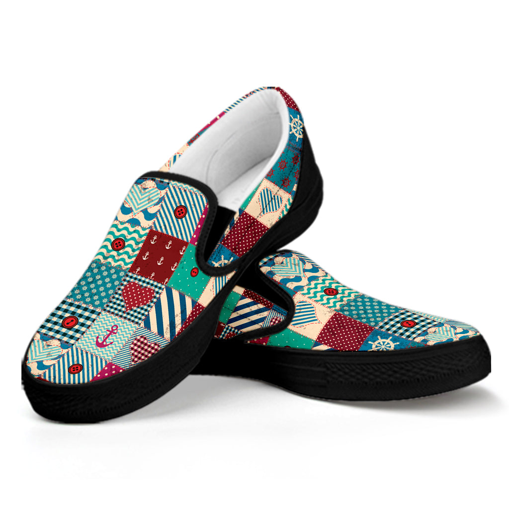 Retro Nautical Patchwork Pattern Print Black Slip On Shoes