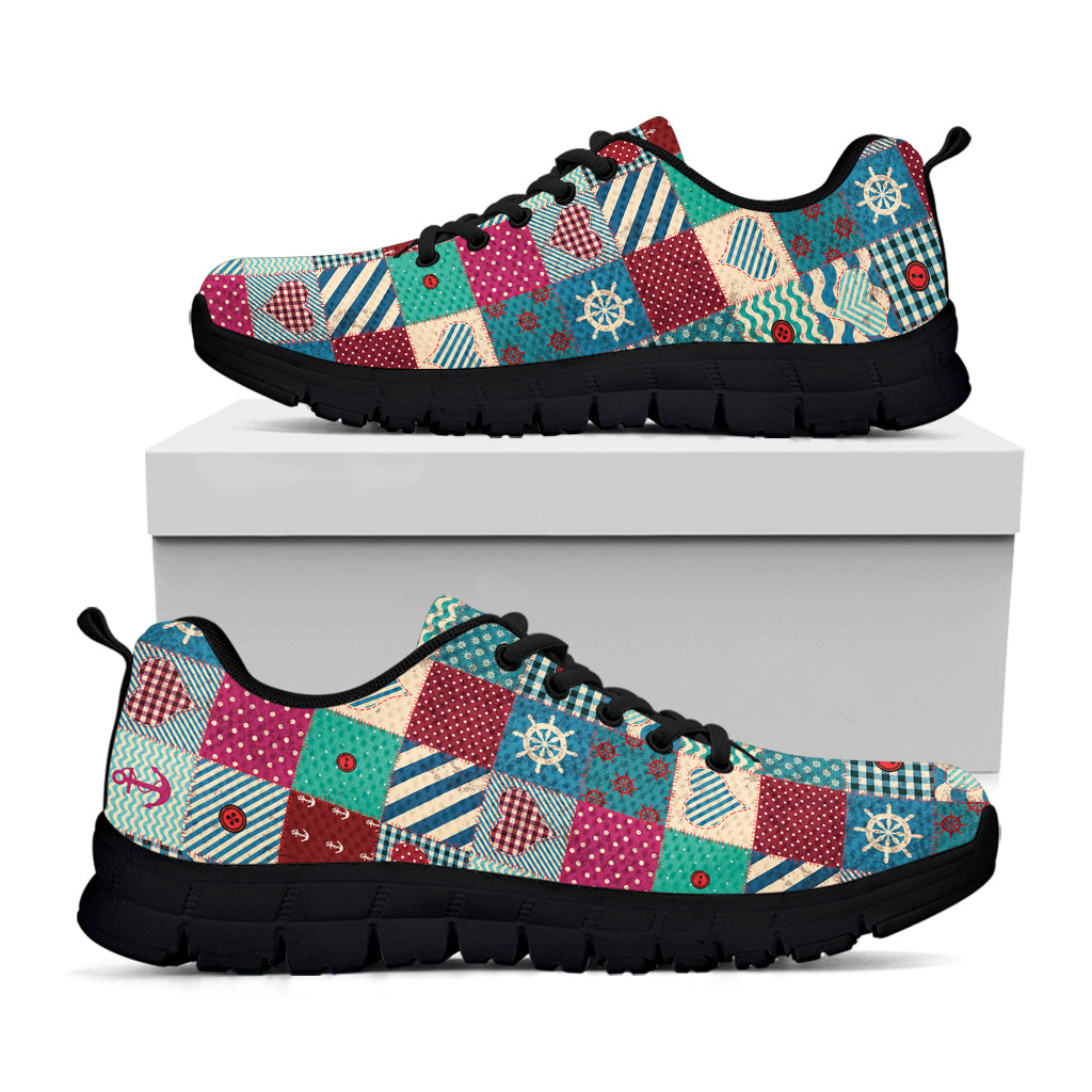 Retro Nautical Patchwork Pattern Print Black Sneakers