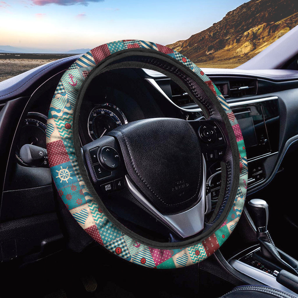 Retro Nautical Patchwork Pattern Print Car Steering Wheel Cover