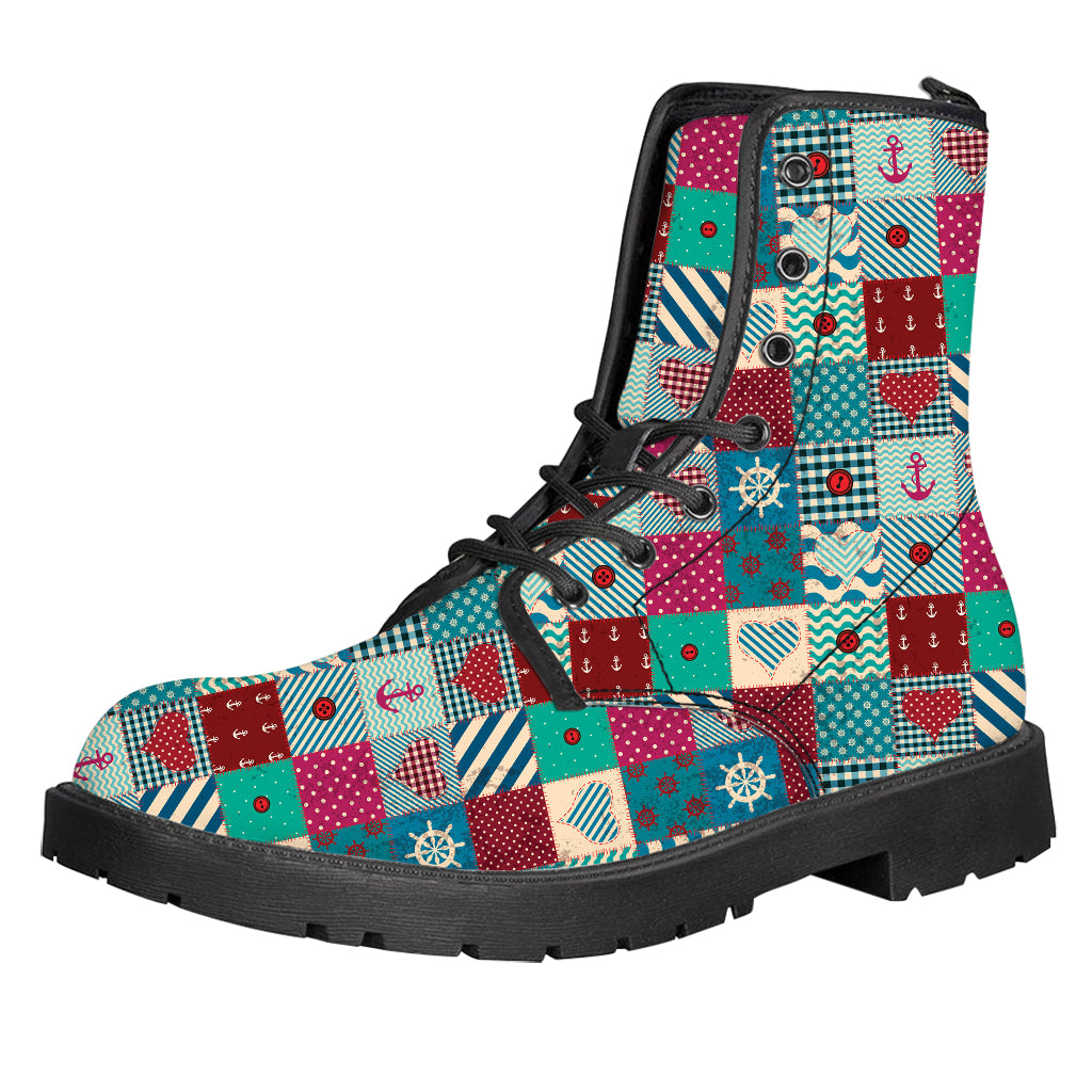 Retro Nautical Patchwork Pattern Print Leather Boots