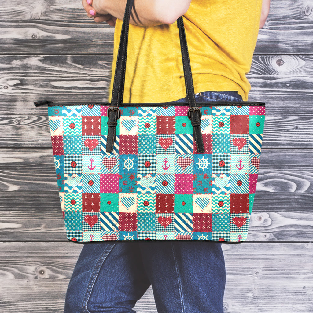 Retro Nautical Patchwork Pattern Print Leather Tote Bag