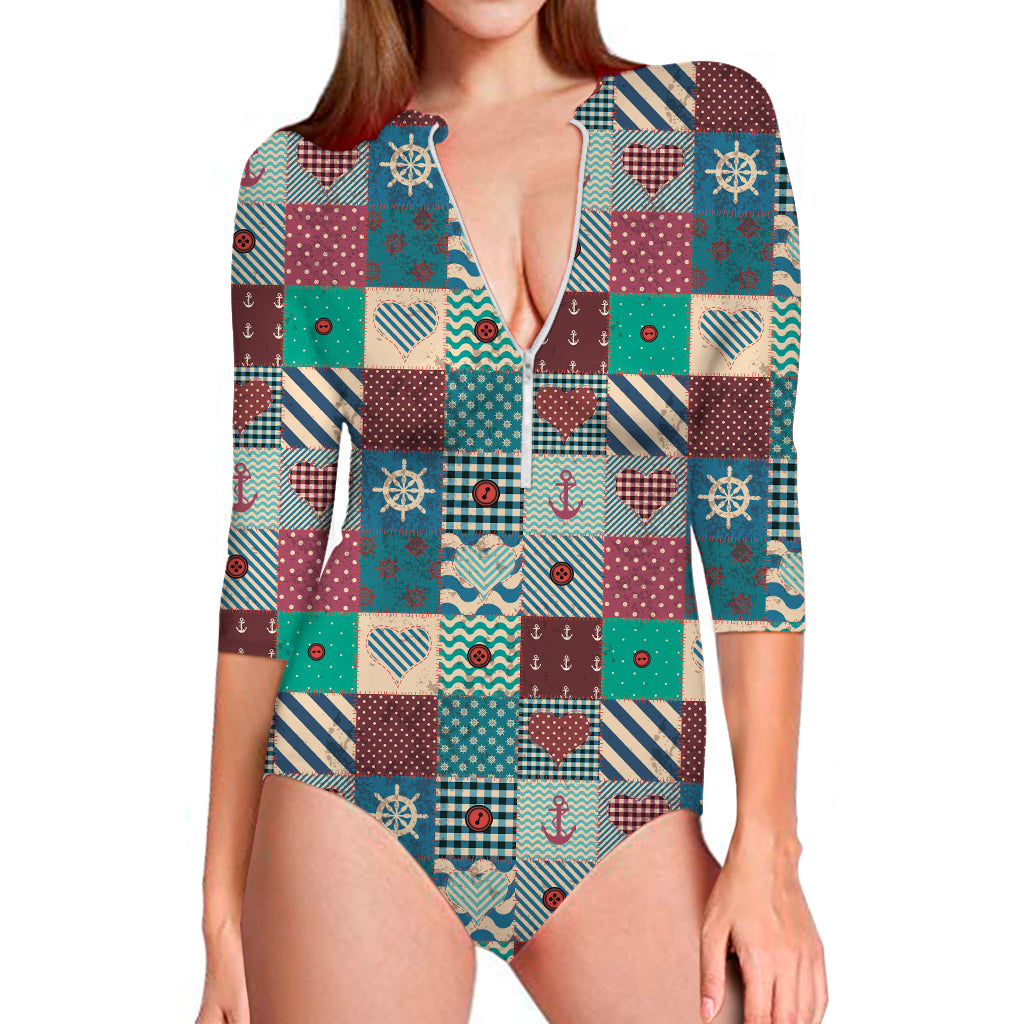 Retro Nautical Patchwork Pattern Print Long Sleeve One Piece Swimsuit