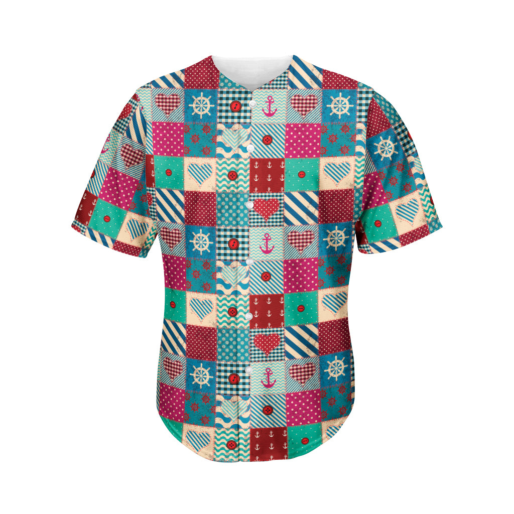 Retro Nautical Patchwork Pattern Print Men's Baseball Jersey