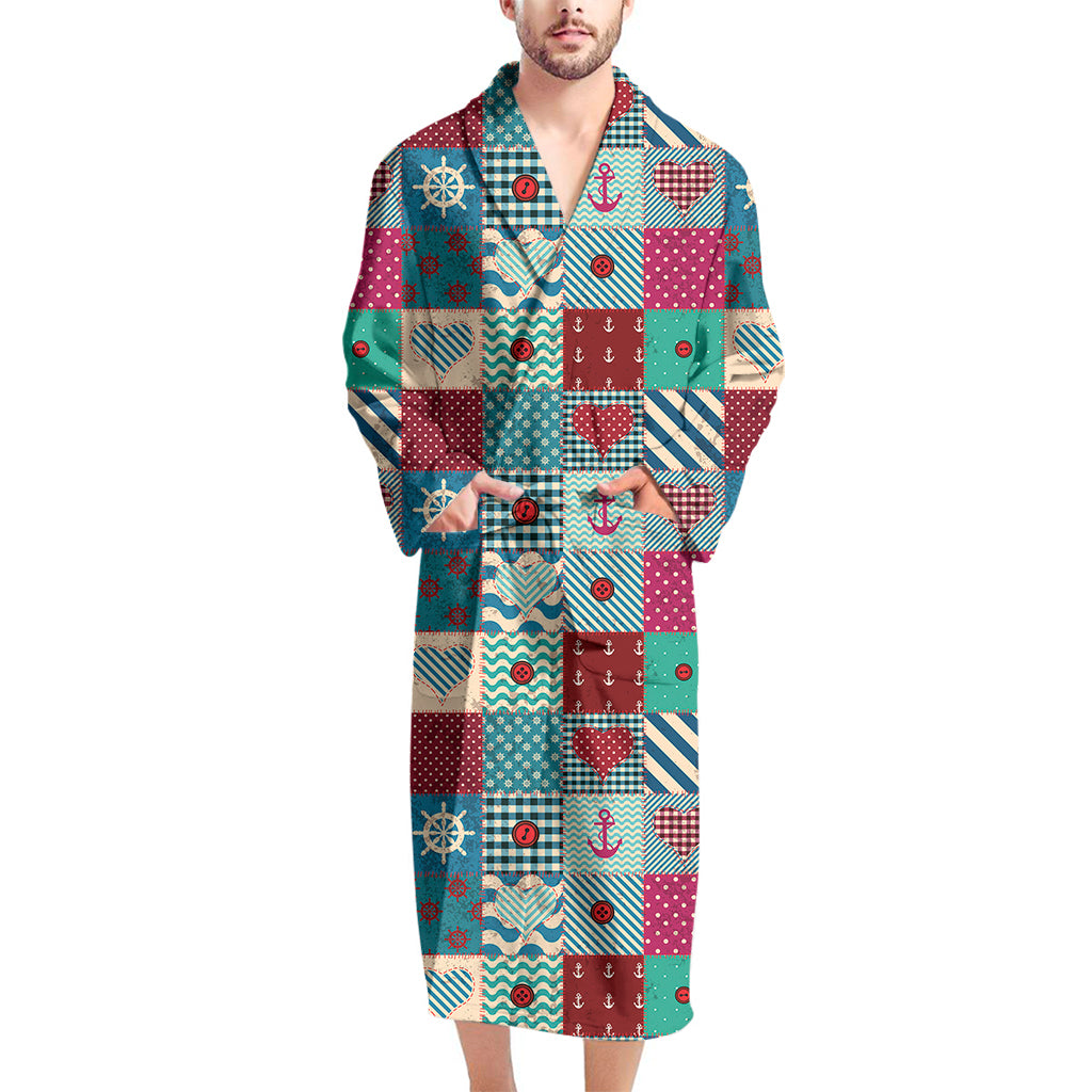 Retro Nautical Patchwork Pattern Print Men's Bathrobe