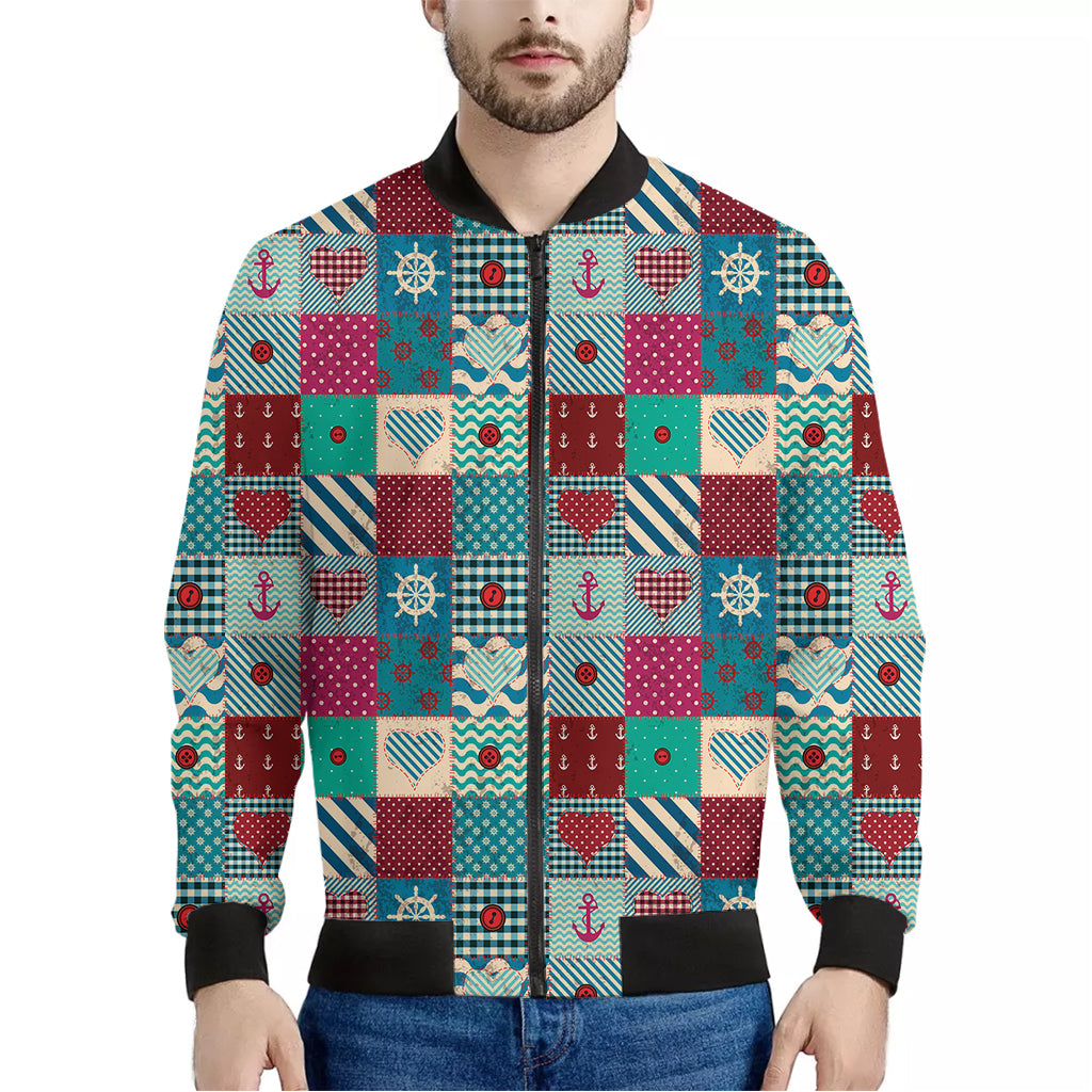 Retro Nautical Patchwork Pattern Print Men's Bomber Jacket