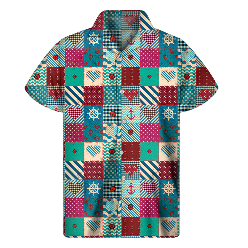 Retro Nautical Patchwork Pattern Print Men's Short Sleeve Shirt