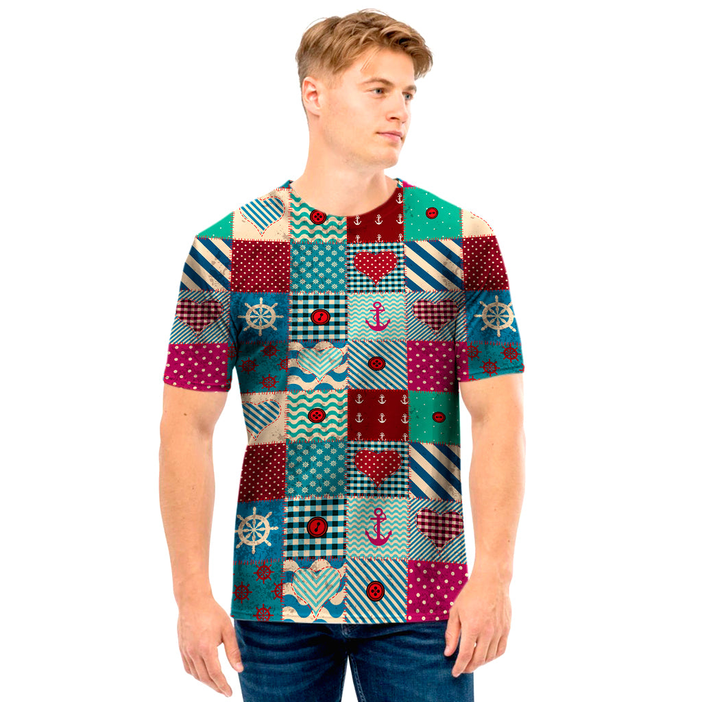 Retro Nautical Patchwork Pattern Print Men's T-Shirt