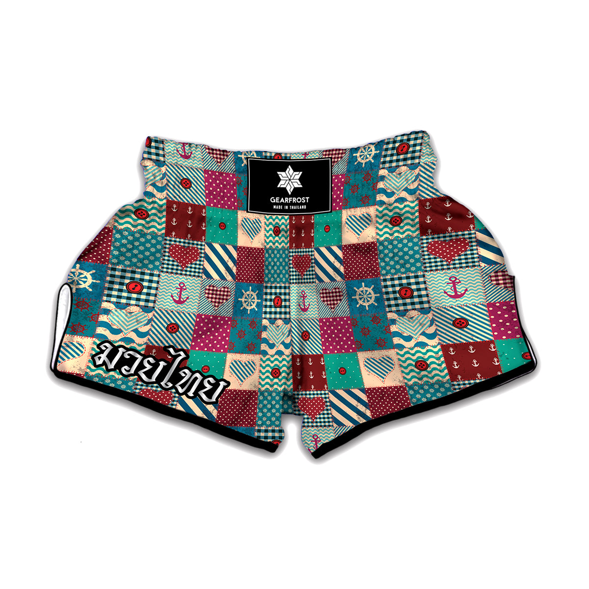 Retro Nautical Patchwork Pattern Print Muay Thai Boxing Shorts