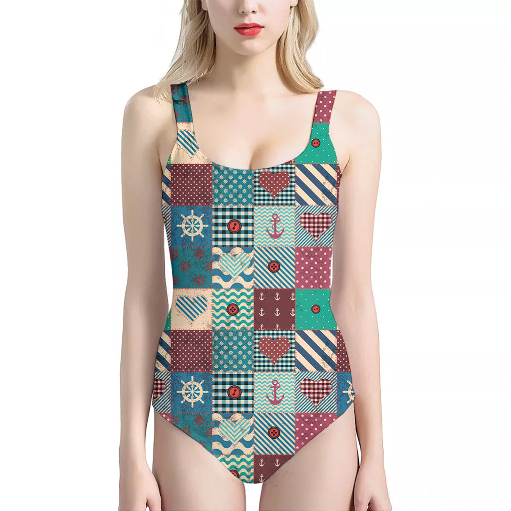 Retro Nautical Patchwork Pattern Print One Piece Halter Neck Swimsuit