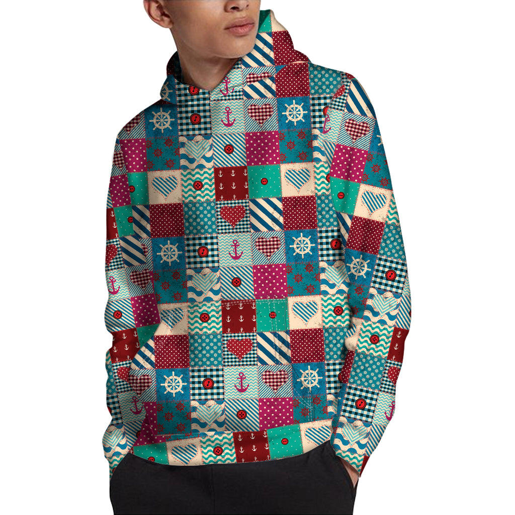 Retro Nautical Patchwork Pattern Print Pullover Hoodie