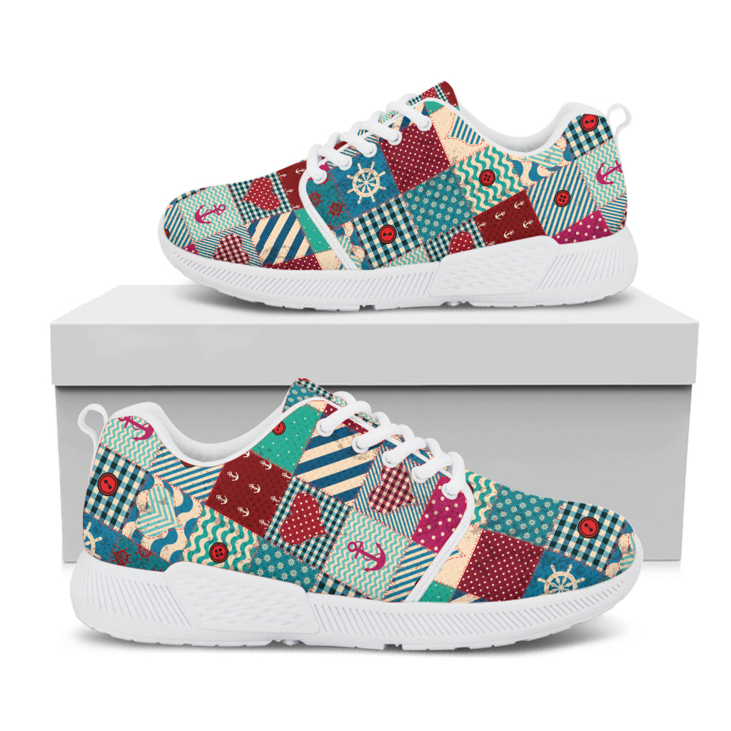 Retro Nautical Patchwork Pattern Print White Athletic Shoes