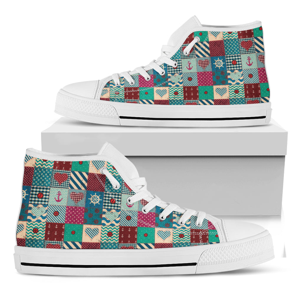 Retro Nautical Patchwork Pattern Print White High Top Shoes