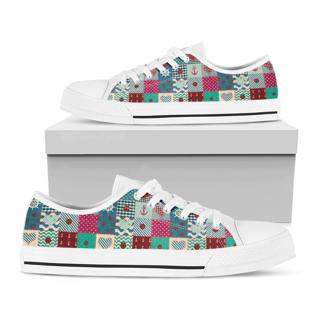 Retro Nautical Patchwork Pattern Print White Low Top Shoes