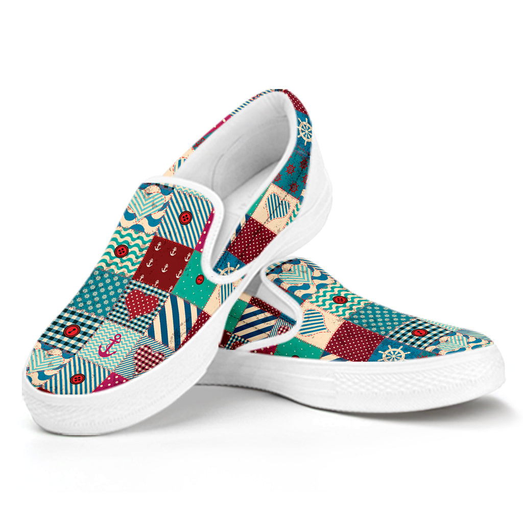 Retro Nautical Patchwork Pattern Print White Slip On Shoes