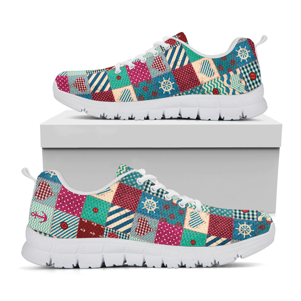 Retro Nautical Patchwork Pattern Print White Sneakers